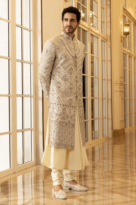 IVORY HAND EMBROIDERED DESIGNER SHERWANI FOR MEN